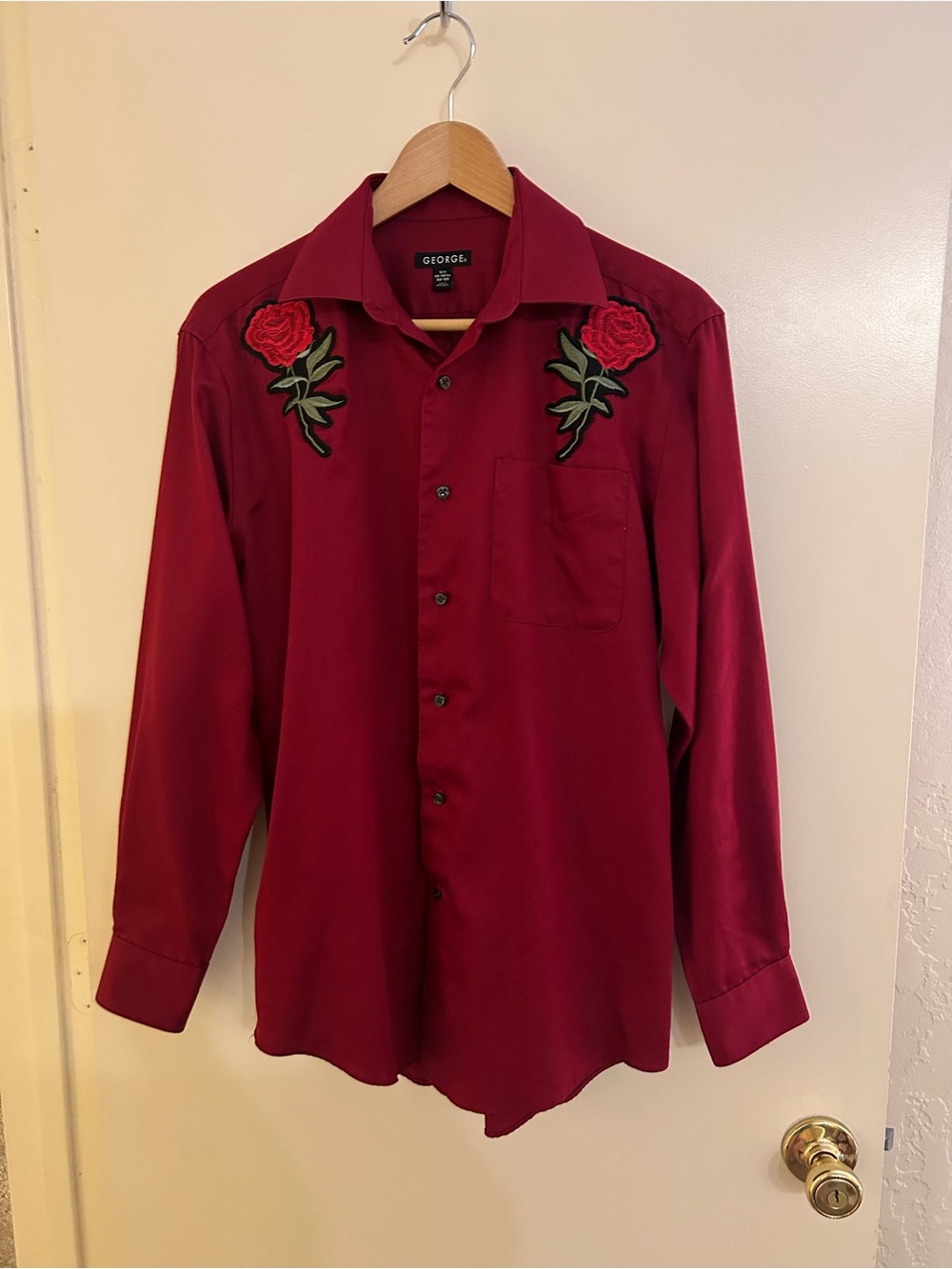 George Men's Burgundy Button-Down Shirt with Red Rose Embroidery